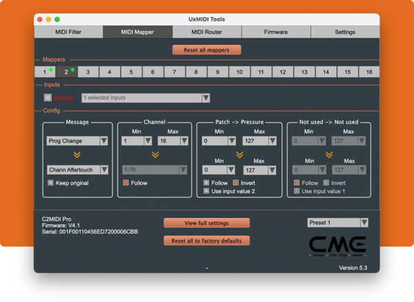 Mac Midi Router CME C2MIDI Pro: 2-in-1 USB + MIDI cable with filter & mapper